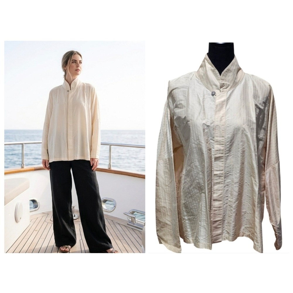 Planet 100% Silk‎ Blouse Women OS Cream Mandarin Collar Dolman Sleeve Lagenlook